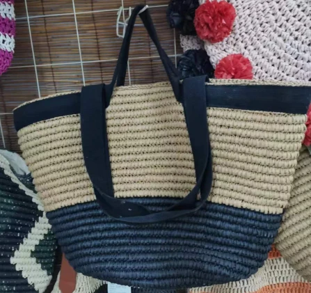 Zwarte katoenen tape grote vrouwen strandtas