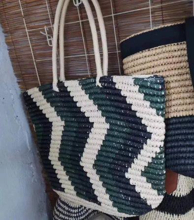 Stipe Green Women Straw Bag